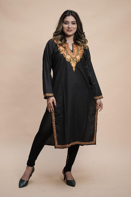 Black Colour Cotton Kurti With Kashmiri Motifs With Latest Fashion Trend.