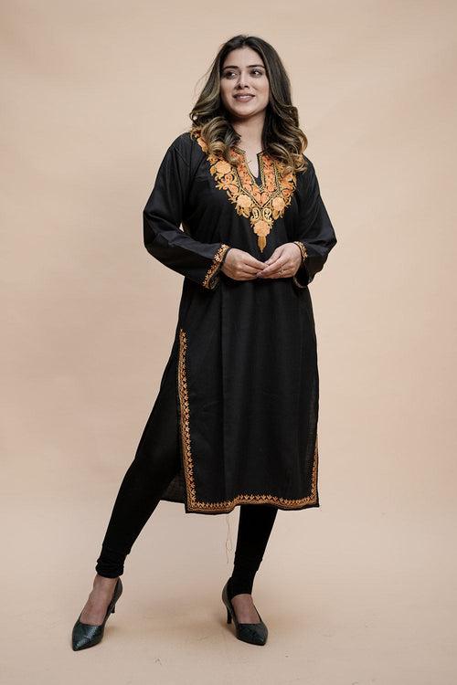 Black Colour Cotton Kurti With Kashmiri Motifs With Latest Fashion Trend.