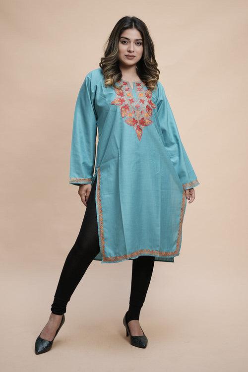 Blue Colour Cotton Kurti With Kashmiri Motifs With Latest Fashion Trend.