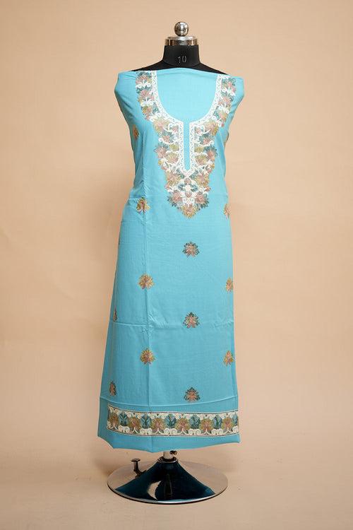 Blue Colour Designer Aari Work Salwar Kameez With Running Neckline  Pattern