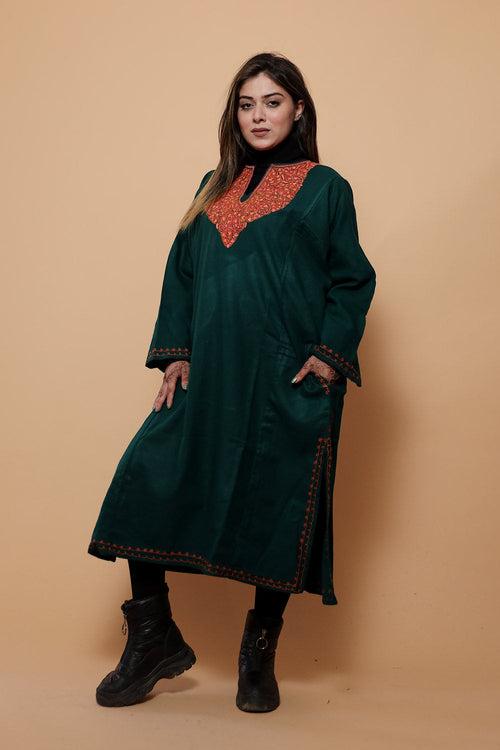 Dark Green Color Kashmiri  Work Embroidered Phiran Enriched With Mechine Sozni Neckline Pattern