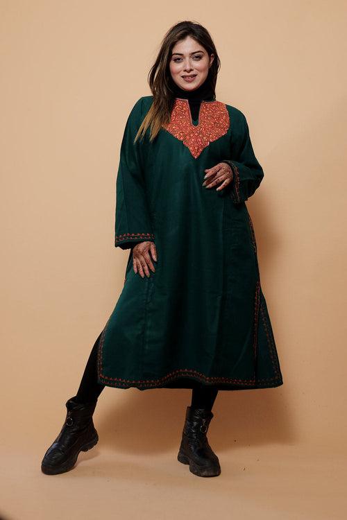 Dark Green Color Kashmiri  Work Embroidered Phiran Enriched With Mechine Sozni Neckline Pattern