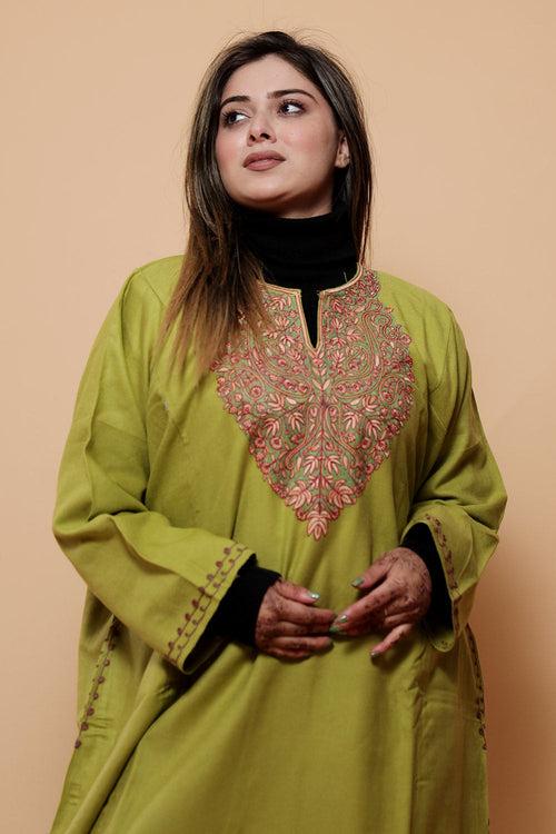 Green Color Kashmiri  Work Embroidered Phiran Enriched With Mechine Sozni Neckline Pattern