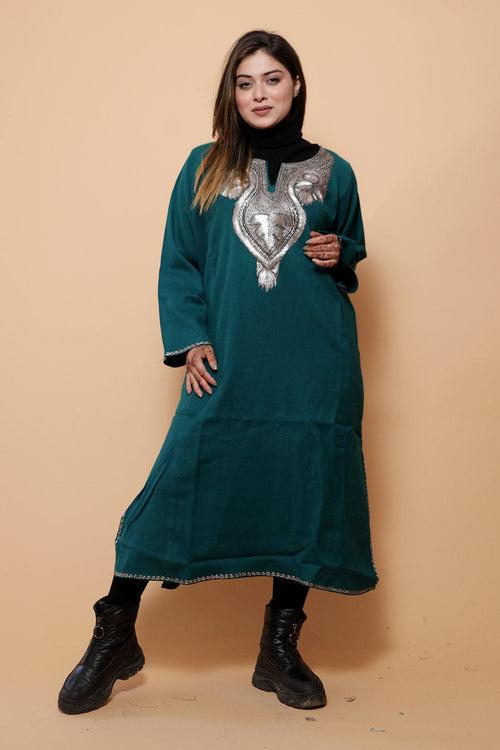 Green Color Kashmiri  Work Embroidered Phiran Enriched With Zari Neckline Pattern