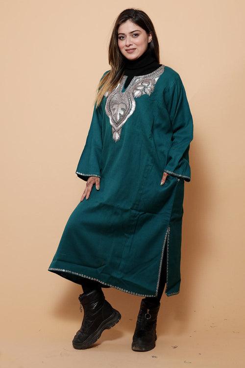 Green Color Kashmiri  Work Embroidered Phiran Enriched With Zari Neckline Pattern