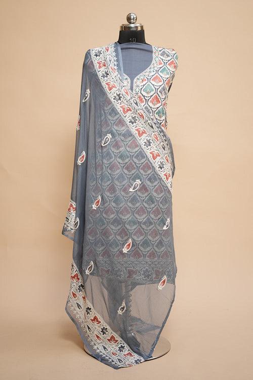 Grey Colour Designer Aari Work Salwar Kameez With Running Tulip Jaal  Pattern