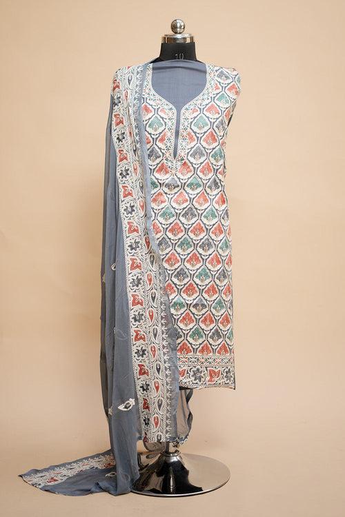 Grey Colour Designer Aari Work Salwar Kameez With Running Tulip Jaal  Pattern