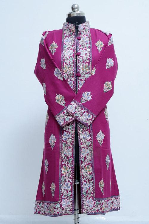 Magenta Colour Kashmiri Aari Work Embroidered Jacket With Beautiful Border And All over Motifs.