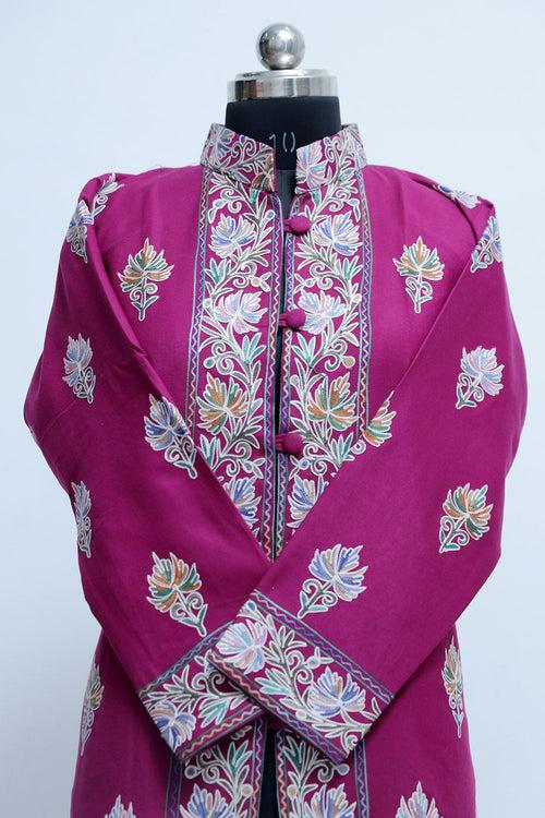 Magenta Colour Kashmiri Aari Work Embroidered Jacket With Beautiful Border And All over Motifs.