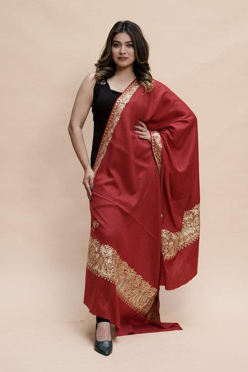 Maroon Colour Semi Pashmina Shawl Enriched With Ethnic Heavy Golden Tilla Embroidery With Running border