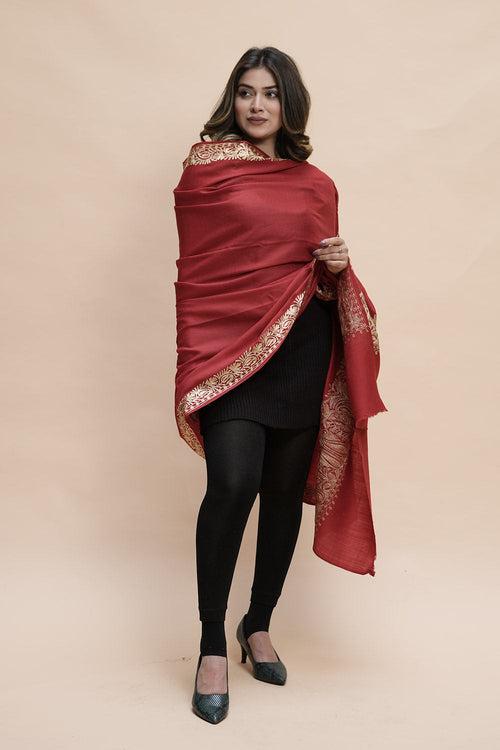 Maroon Colour Semi Pashmina Shawl Enriched With Ethnic Heavy Golden Tilla Embroidery With Running border