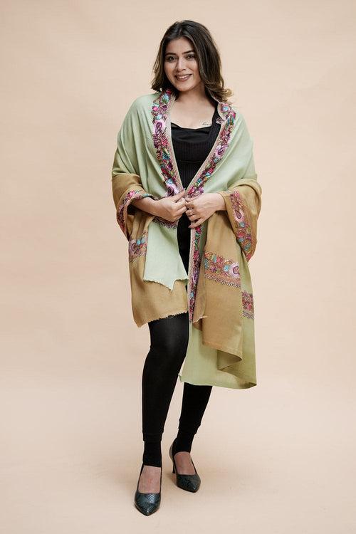 Ombre Color Kashmiri Shawl With Aari Border Gives A Trendy Look To The Wearer.