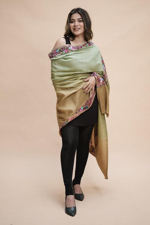 Ombre Color Kashmiri Shawl With Aari Border Gives A Trendy Look To The Wearer.