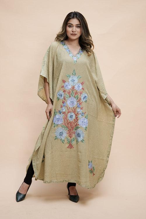 Pastel  Colour Crush Cotton Kashmiri Aari Work Designer Kaftan