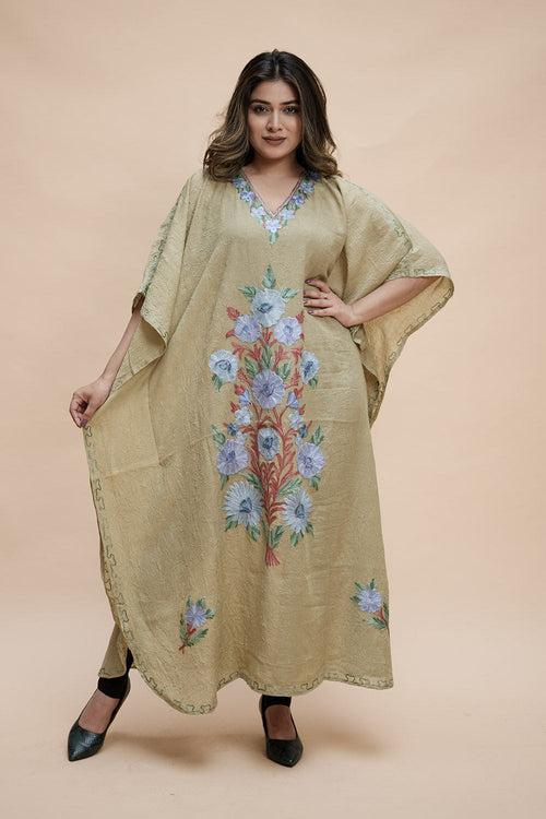 Pastel  Colour Crush Cotton Kashmiri Aari Work Designer Kaftan