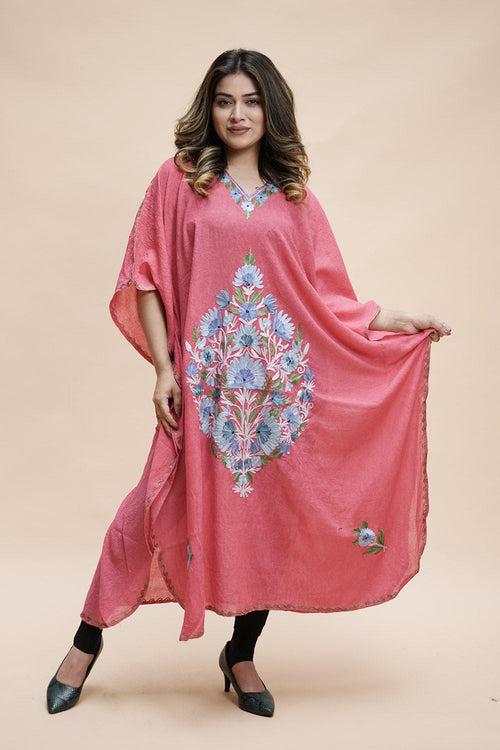 Pink  Colour Crush Cotton Kashmiri Aari Work Designer Kaftan