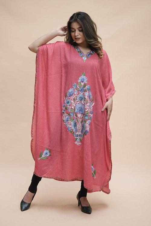 Pink  Colour Crush Cotton Kashmiri Aari Work Designer Kaftan