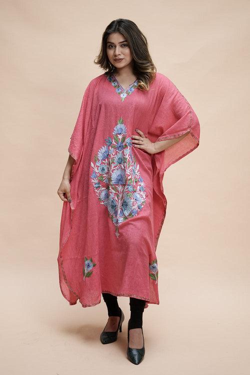 Pink  Colour Crush Cotton Kashmiri Aari Work Designer Kaftan