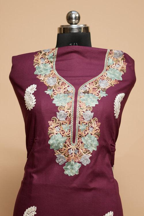 Purple Colour Designer Aari Work Salwar Kameez With Running Neckline Ambi Motif Pattern