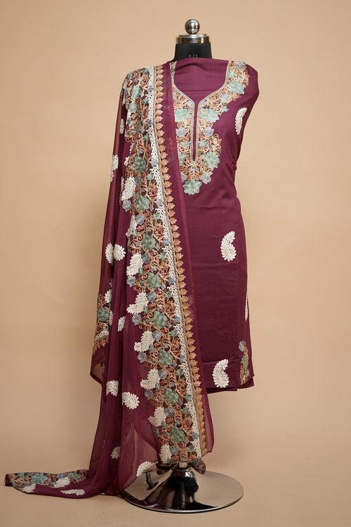 Purple Colour Designer Aari Work Salwar Kameez With Running Neckline Ambi Motif Pattern