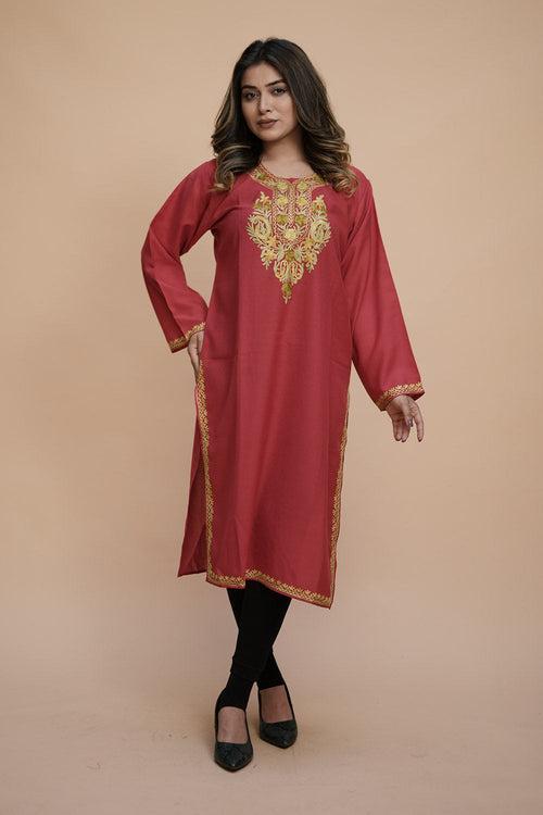 Red Colour Cotton Kurti With Kashmiri Motifs With Latest Fashion Trend.