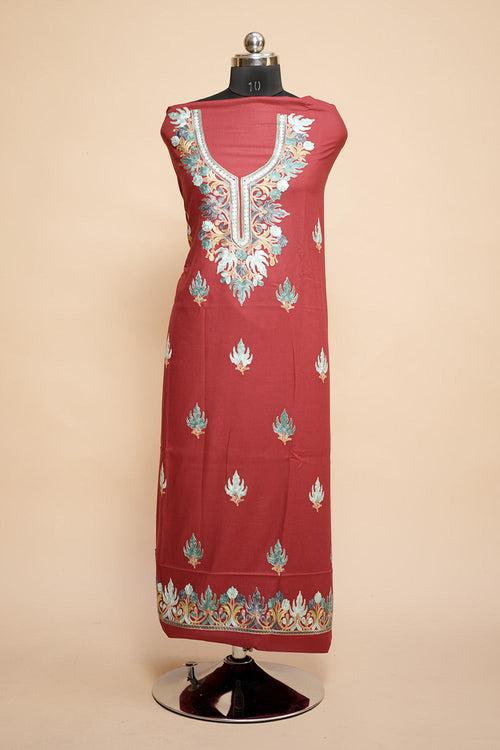 Red Colour Designer Aari Work Salwar Kameez With Running Neckline Chinar Pattern