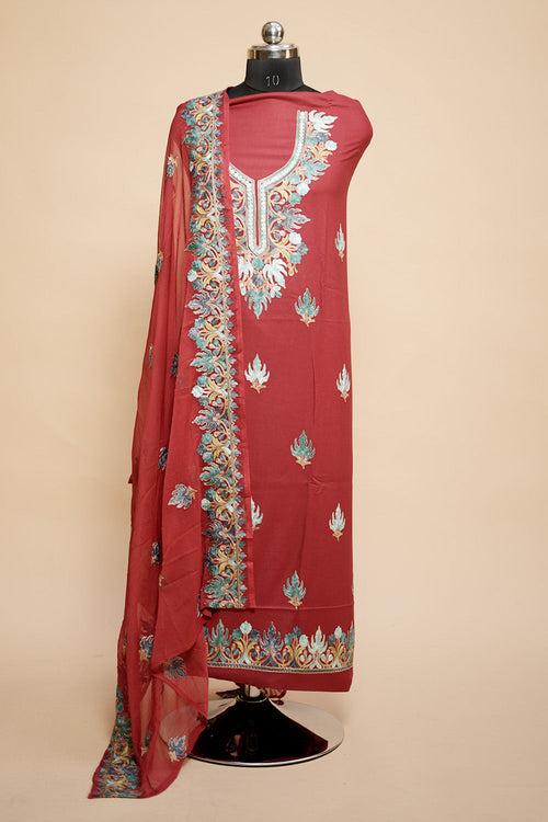 Red Colour Designer Aari Work Salwar Kameez With Running Neckline Chinar Pattern