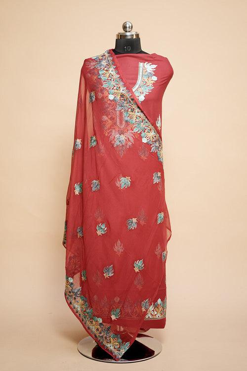 Red Colour Designer Aari Work Salwar Kameez With Running Neckline Chinar Pattern