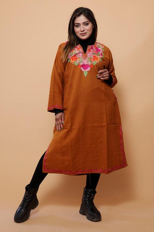 Rust Color Aari Work Embroidered Phiran Enriched Designer Neckline Pattern