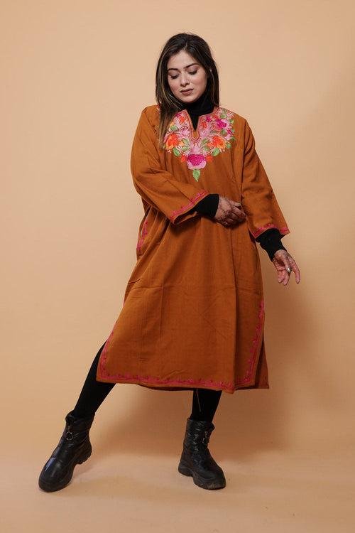 Rust Color Aari Work Embroidered Phiran Enriched Designer Neckline Pattern