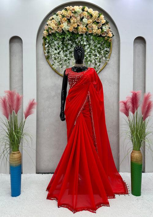 Alia Bhatt Inspired Red Saree with Mirror Work and Fancy Lace