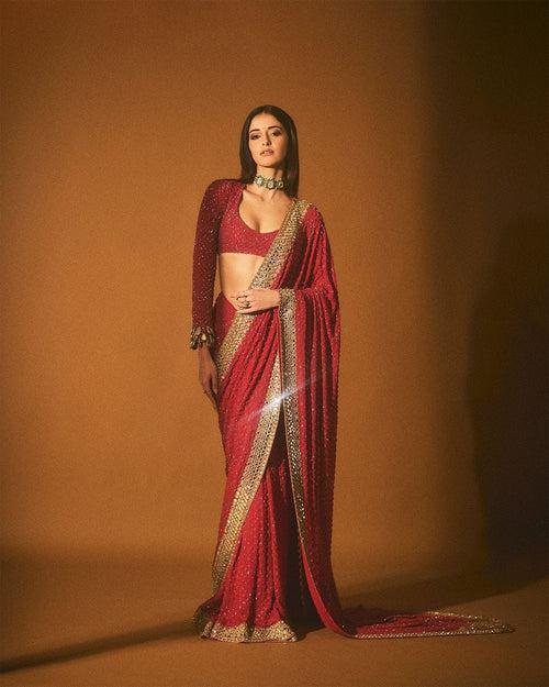 Ananya Pandey Inspired Red Saree with Sequin Embellishments