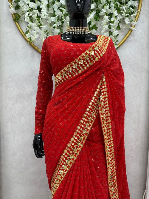 Ananya Pandey Inspired Red Saree with Sequin Embellishments