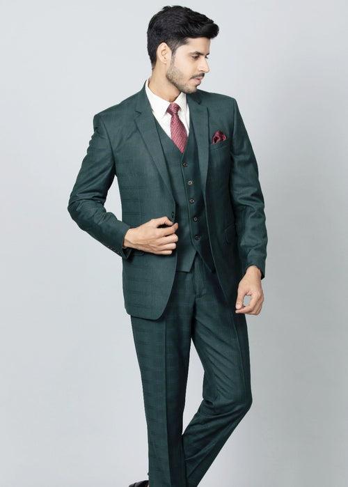 Teal Self Checked Single-Breasted-5 Piece Suit