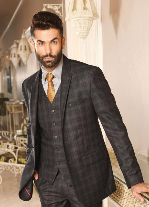 Black Self Checked Single-Breasted-5 Piece Suit