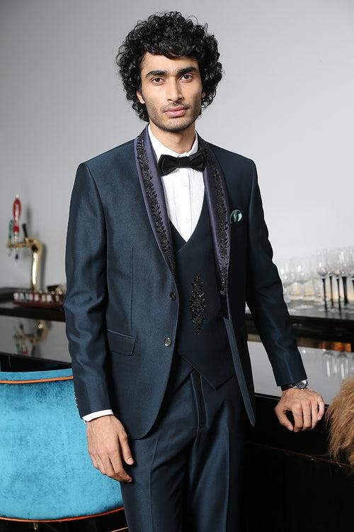 Teal designer suit with embroidered Blue satin shawl collar