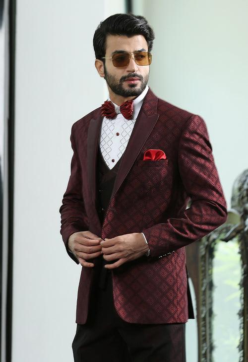 Wine Peak Lapel Jacquard Suit