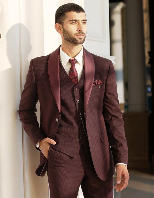 Wine Houndstooth Suit with Detachable Satin Shawl Collar