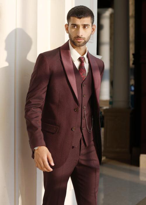 Wine Houndstooth Suit with Detachable Satin Shawl Collar