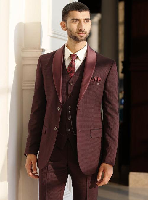 Wine Houndstooth Suit with Detachable Satin Shawl Collar