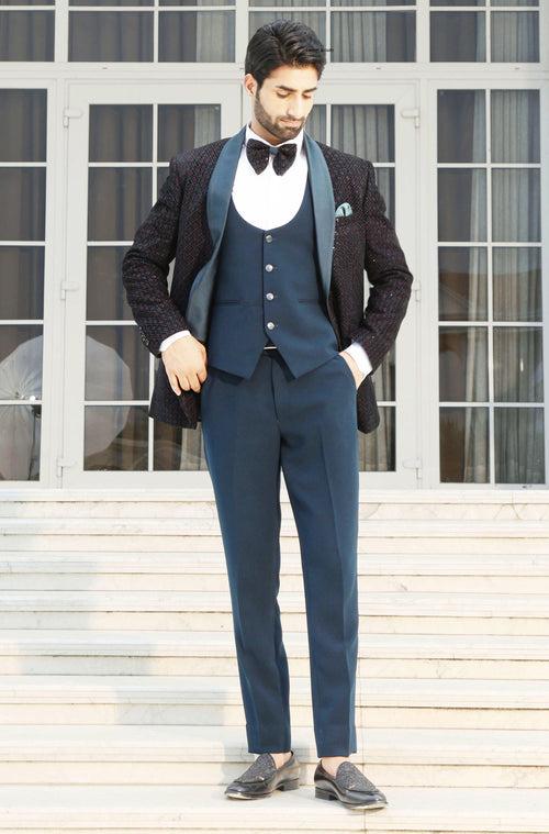 Teal-Wine Embroidered Tuxedo