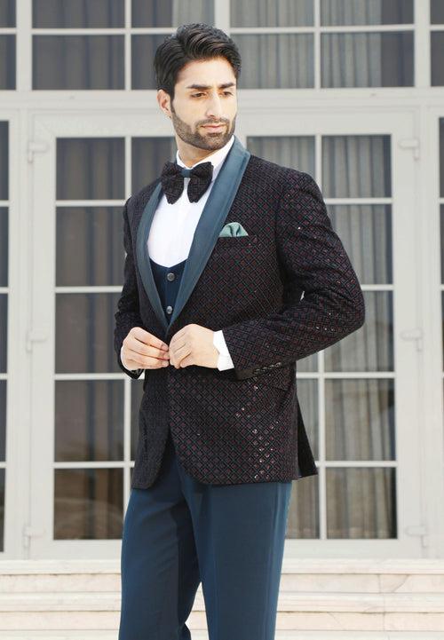 Teal-Wine Embroidered Tuxedo