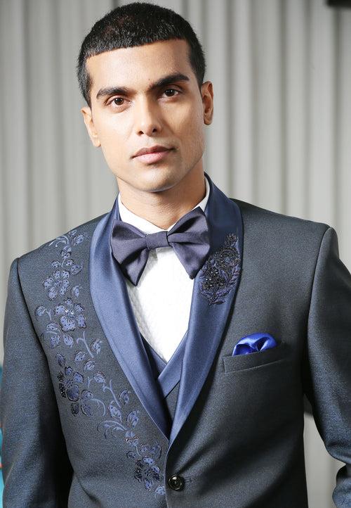 Navy Designer Suit with Embroidered Motif on Right Side