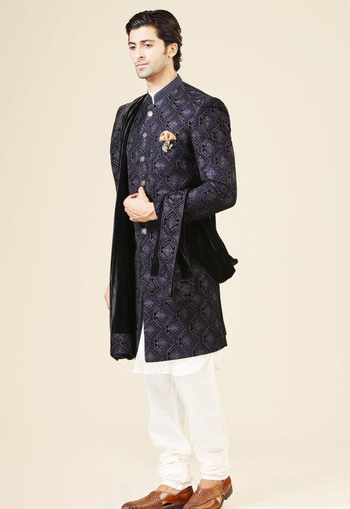 Blue velvet Indo-Western with embroidered dupatta