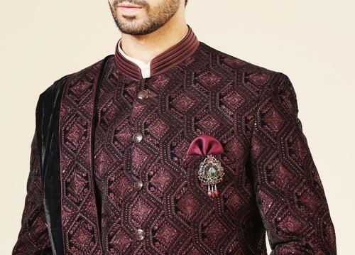 Embroidered Wine Velvet Indo-Western with Dupatta