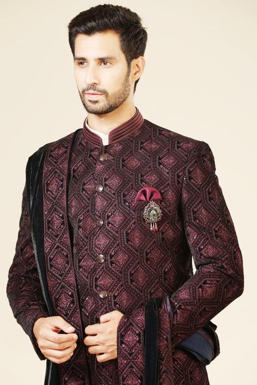 Embroidered Wine Velvet Indo-Western with Dupatta