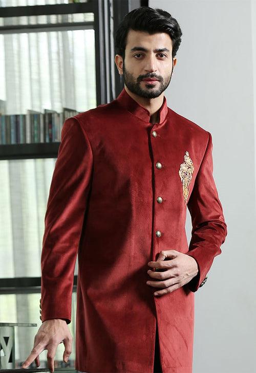 Rust Velvet Long Bandhgala with Embroidered Designer Patch