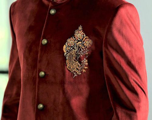 Rust Velvet Long Bandhgala with Embroidered Designer Patch