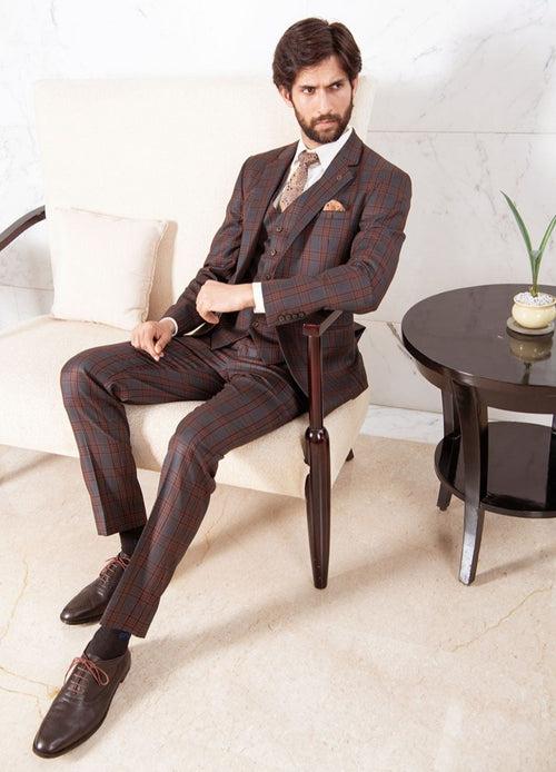 Rust Checked Single-Breasted-5 Piece Suit