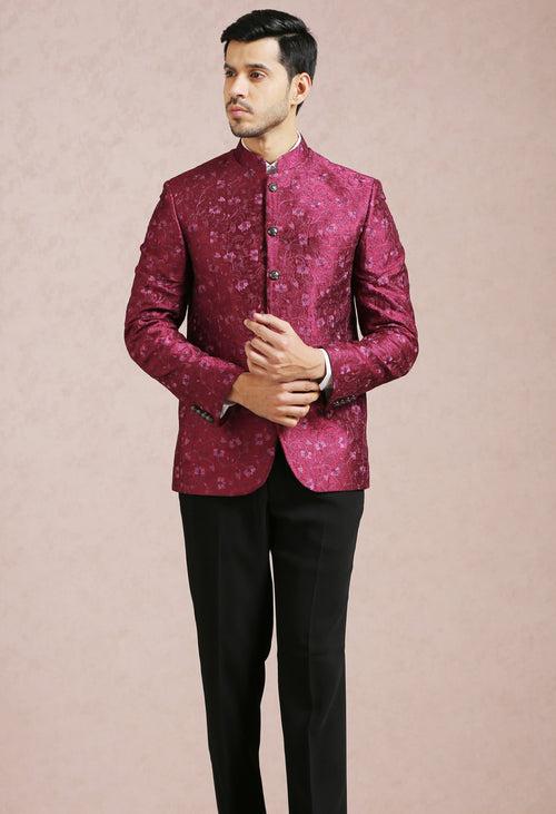 Wine Embroidered Bandhgala Set with Formal Trouser